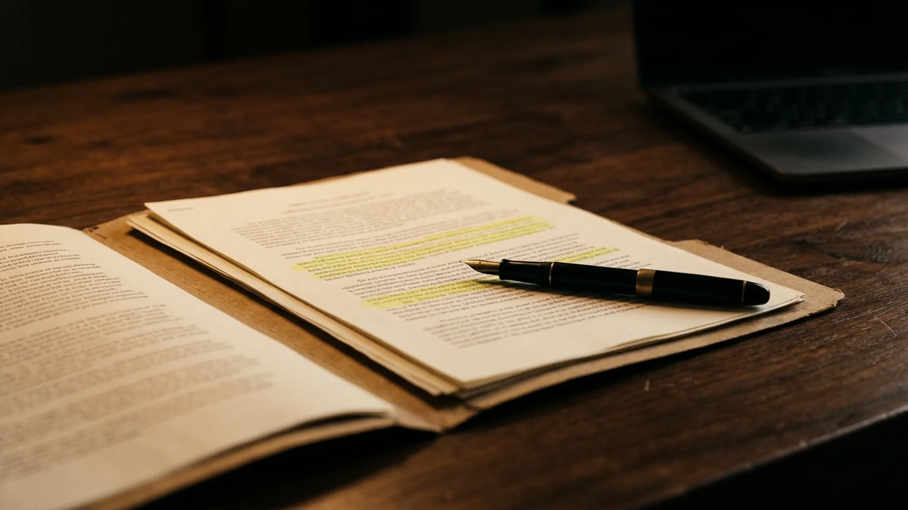 A compliance folder open on a table beside a laptop, with highlighted printed documents and a pen