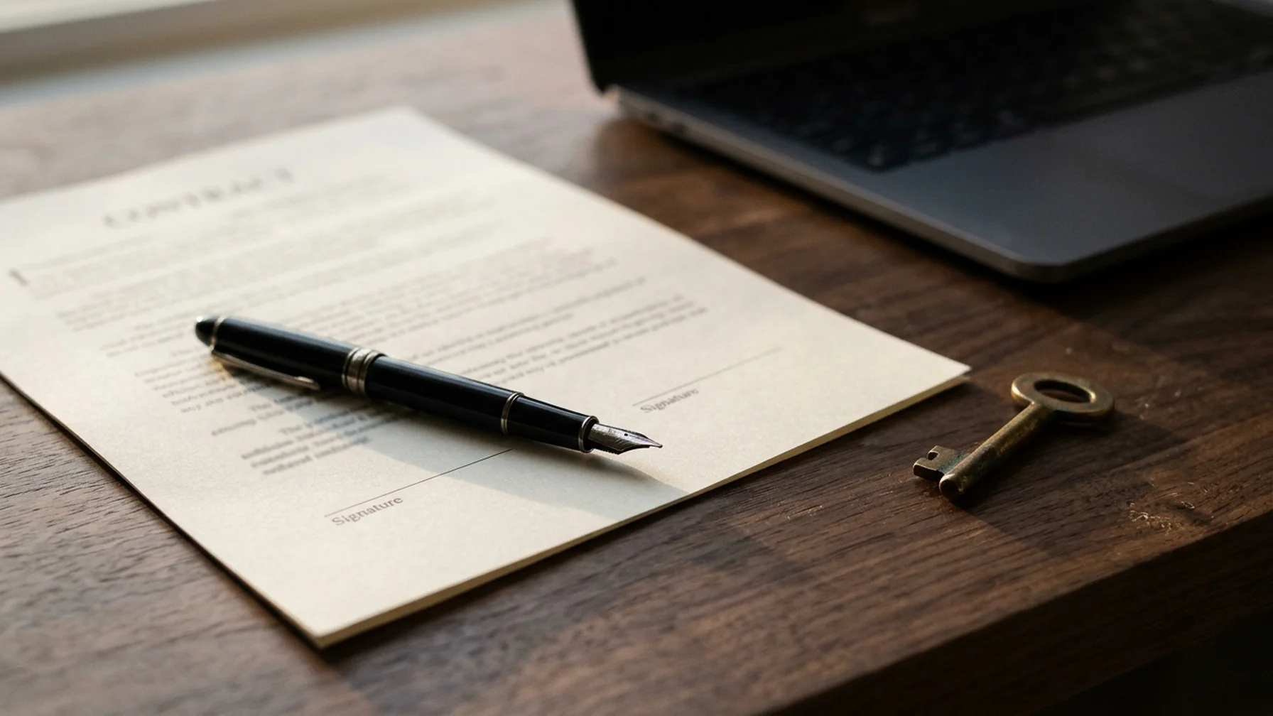 Close-up of a contract page with a pen resting on it and a laptop keyboard slightly out of focus